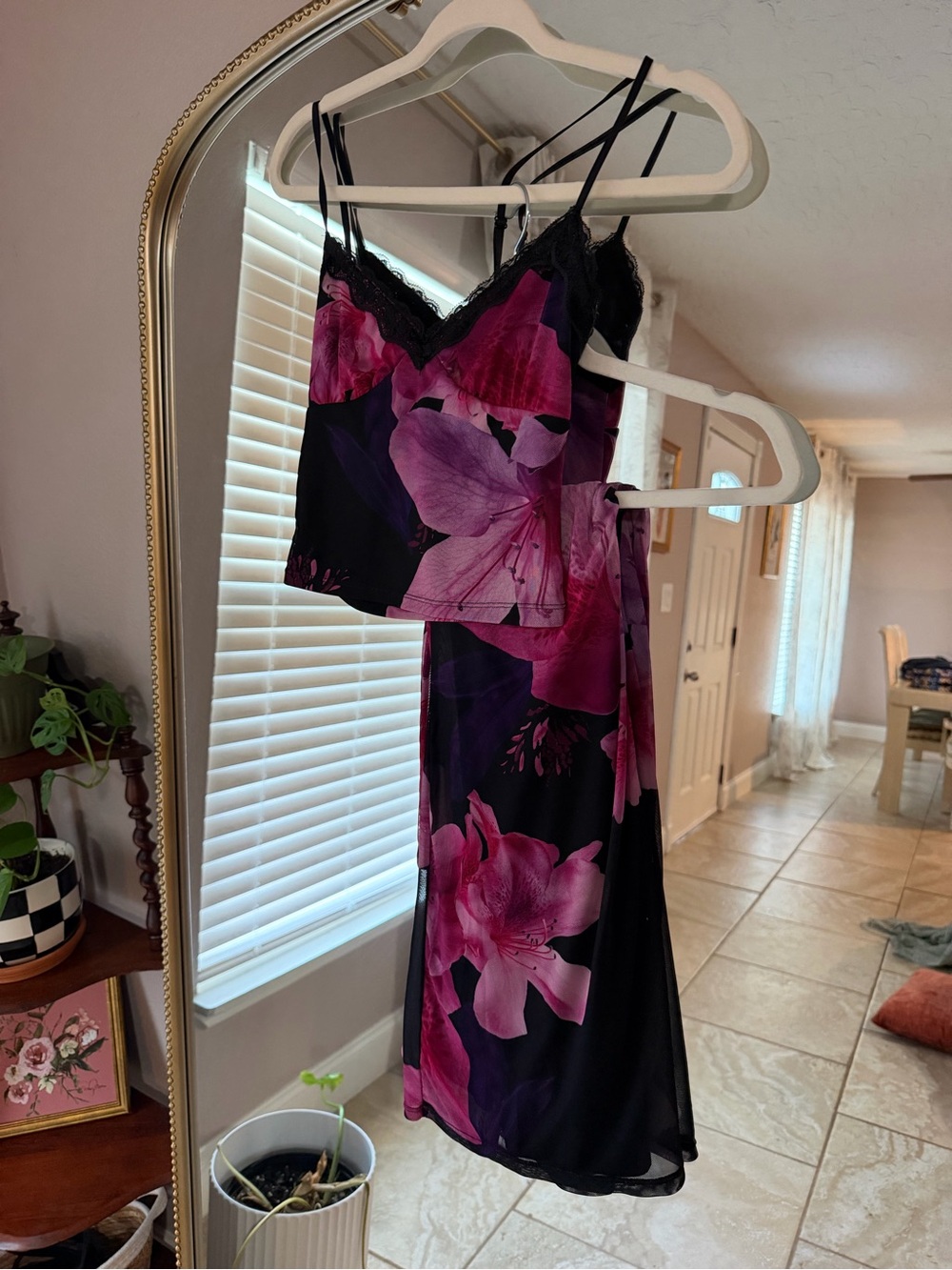 Floral Black & Pink Slip Dress with Lace Trim